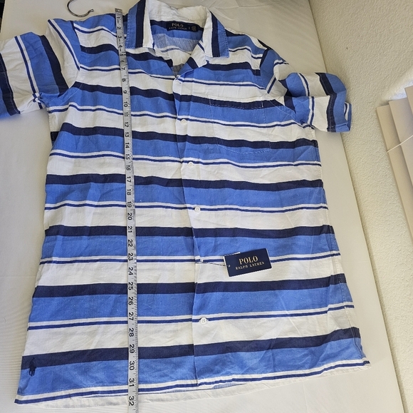 Polo Ralph Lauren Linen Newport Stripe Short Sleeve Shirt Blue White Men’s Large - Picture 8 of 10